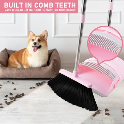 BSKLIN Broom and Dustpan Set for Home, 52” Long Handle Broom with Dustpan Combo Set with Dust Pan Teeth to Clean Hair Sweeping Set for Kitchen Hardwood Floors Pet Hair (Pink) - size: pink