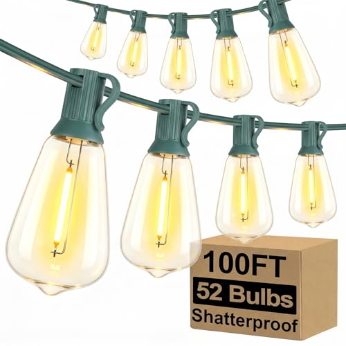 Brightever 100FT Outdoor String Lights 52 Bulbs, Waterproof Patio Lights - color: Green Wire Warm White, size: 100FT