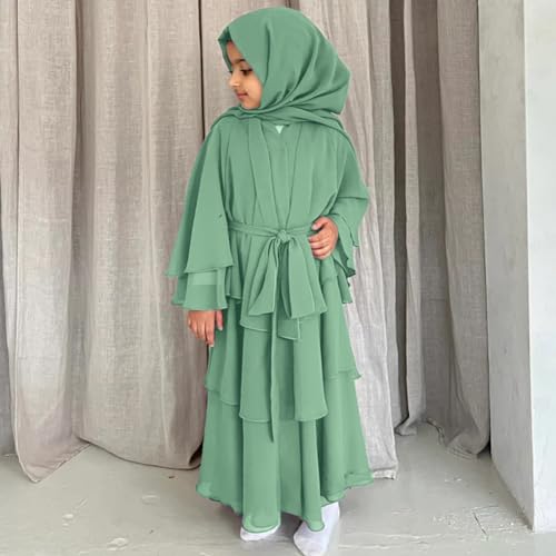 Chiffon layered Open Abaya Dubai Kaftan Muslim Cardigan Abayas Dresses For Girls Casual Robe Kimono Islam Clothing - color: Mint Green, size: 5-6 Years