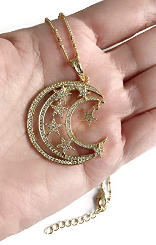 Crescent Moon and Stars Necklace 17.5 Inches Sattelite Chain