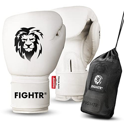 FIGHTR® Pro Boxing Gloves Made of Genuine Leather | Men and Women | for Boxing, MMA, Muay Thai, Kickboxing & Martial Arts 10 12 14 16 oz | incl. Carrying Bag - color: Off White, size: 14oz