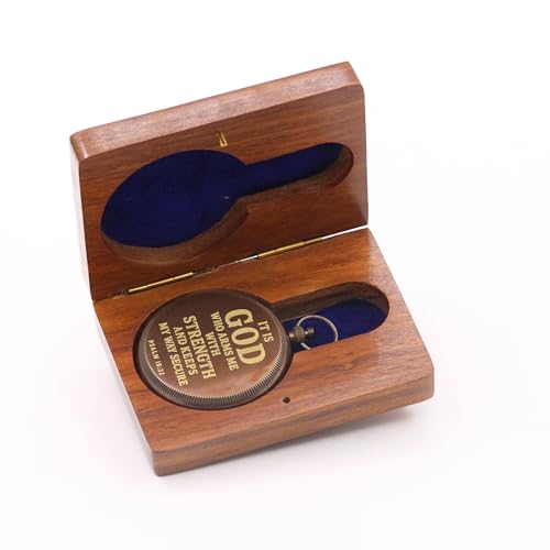Man of God Compass – Psalm 18:32 Scripture Engraved – Solid Brass Pocket Compass with Engraved Wooden Box– Christian Gift for Men, Son, Husband, Graduation, Travel Keepsake