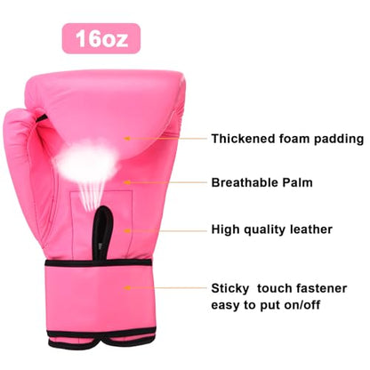 Junkin 6 Pcs Boxing Set 1 Pair of 16oz Gloves and 4 Pcs 118 in Hand Wraps for Adult Boxing Training Shockproof Gloves Training Beginner Practice Muay Thai Kickboxing Gift - color: Hot Pink