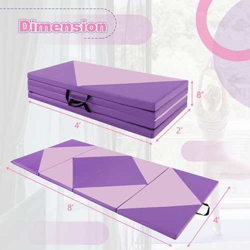 Giantex 4'x8' Gymnastics Mat, 2" Thick Folding Tumbling Mat with Carrying Handles, Foldable Gym Mat with Hook and Loop Fastener, Cheer Mats for Kids Adults Home Exercise Aerobics Fitness - color: Light Pink/Purple