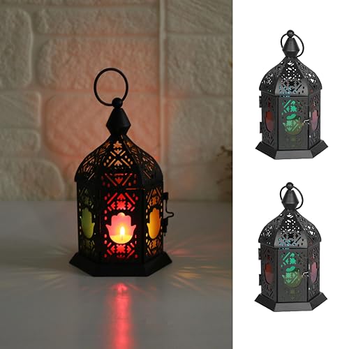 2 Pack Moroccan Style Candle Lantern, Small Tealight Candle Holder with Transparent Flower Glass Panels, Hanging Lantern Outdoor for Ramadan, Decorative Metal Lamp for Patio, Weddings 6.5inch（Black） - color: Black