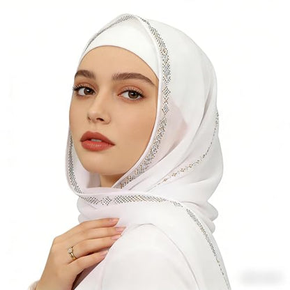 Premium Chiffon Hijab Rhinestone Long Scarf Shawl Wrap for Women Head scarf for Muslim Wedding Party Gift Packed - color: 002wavy White