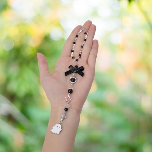 Halloween Car Rearview Mirror Charm - Y2K Gothic Cute Ghost Pendant Beaded Hanging Charms, Coquettte Black Bowknot Cars Decor, Interior Ornament Gift for Women Men Driver - style: Ghost