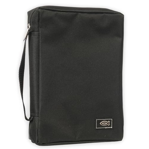 Christian Art Gifts Men or Women's Bible Cover Secure Zipper Jesus Fish, Black Canvas, Large - color: Black/Jesus Fish #2, size: Large