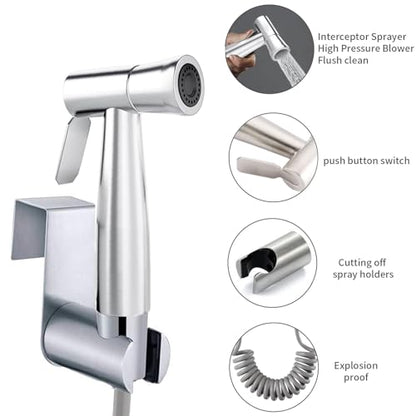Bidet Stainless Steel Hand Shower, Muslim Stainless Steel Shower, Baby Cloth Diaper Spray Set with Spring Hose, wall Mount