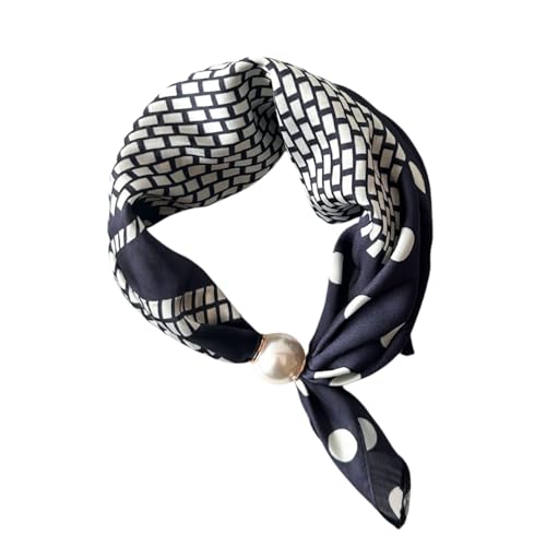 Women’s Silk Pearl magnetic buckle Scarf with Charm Buckle Satin Square Scarf for Neck Retro Floral Print，hair band - color: 01-101