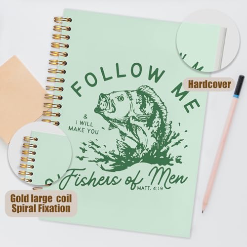 WUCHJ Green Retro Fish Christian Notebook, Matthew 4:19 Bible Verse Journal, Religious Scripture Spiral Notebook Journal for Note Taking, Christian Faith Based Gifts for Women Men, 5.5x8.3 Inch - color: green fish follow me