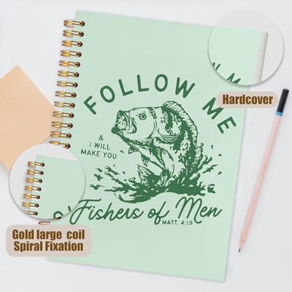 WUCHJ Green Retro Fish Christian Notebook, Matthew 4:19 Bible Verse Journal, Religious Scripture Spiral Notebook Journal for Note Taking, Christian Faith Based Gifts for Women Men, 5.5x8.3 Inch - color: green fish follow me