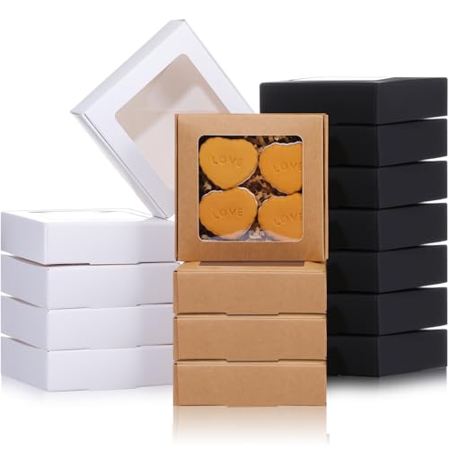 Zonon 30 Pcs Kraft Paper Boxes with Window 4.13 x 4.13 x 1.18 Inch Candy Packaging, Small Gift Boxes, Soap holder, Mini Treat Packaging for Bakery Chocolate Jewelry Display (Brown,Black,White) - color: Brown, Black, White
