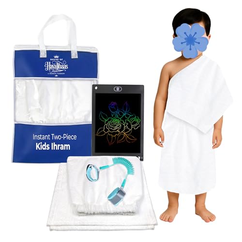 Kids Premium Ihram Luxury Set for Umrah – Soft Microfiber Children Ihram Towel Set with Anti-Lost Hand Belt and 8.5 Inch LCD Drawing Pad for Pilgrims, Hajj Mubarak Travel Essentials Umrah Gift Set - color: Kids Ihram Set_acc