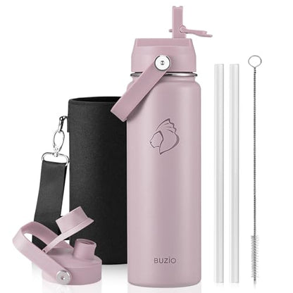 BUZIO 24 oz Water Bottle Insulated, Leakproof Stainless Steel Flask (Cold for 48 Hrs), Wide Mouth BPA-Free Metal Thermo Hydro Canteen with 2 Lids, Purple - color: Purple, size: 24 Ounces