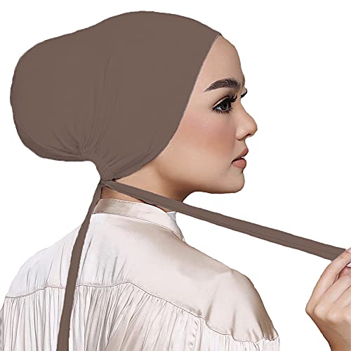 Women Under Scarf Hat Hijab Undercap Islamic Muslim Under Scarf Hijab Cap with Tie-Back Closure - color: Black+khaki