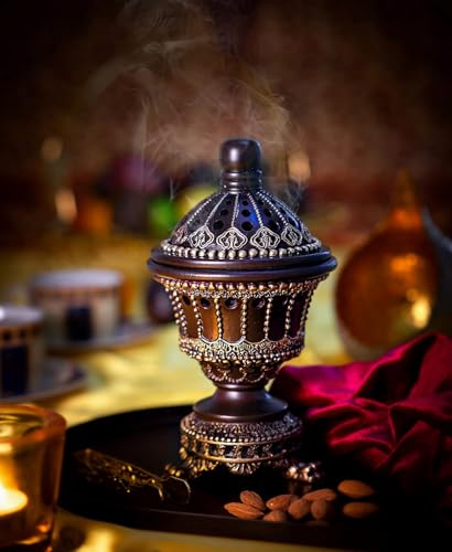 AM Charcoal Incense Cone Burner – Resin & Charcoal Holder for Bakhoor – Decorative Mabkhara Style Aroma Diffuser for Home, Office, Relaxation Spaces – Complete Set with Tongs (Brown)