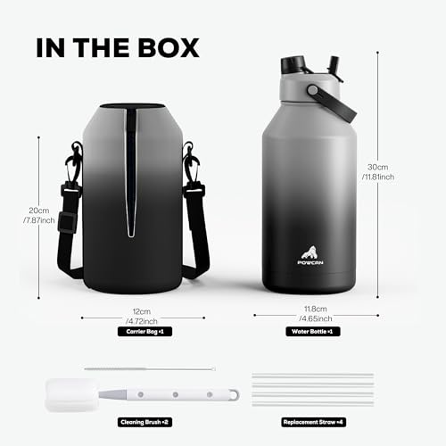 POWCAN 64 oz Insulated Water Bottle with 2-in-1 Straw and Spout Lid, Keep Cold 48H, Leakproof, Carrier Bag, Stainless Steel Sport Water Bottle for Men, Fitness, Outdoors, Gym and Travel (Obsidian) - color: Obsidian