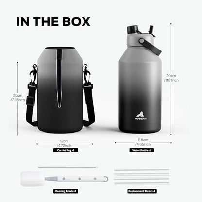 POWCAN 64 oz Insulated Water Bottle with 2-in-1 Straw and Spout Lid, Keep Cold 48H, Leakproof, Carrier Bag, Stainless Steel Sport Water Bottle for Men, Fitness, Outdoors, Gym and Travel (Obsidian) - color: Obsidian