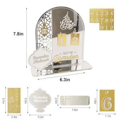 Acrylic Ramadan Countdown Calendar 2026, Silver Eid Mubarak 30 Day Advent Calendar, Ramadans Decorations for Home, Indoor Islamic Table Stand Fireplace Office Desk Decor, Muslim Kids for Gifts