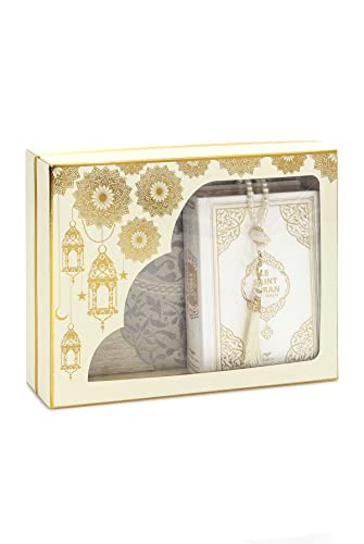 ihvan online Prayer Gift Box for Hajj and Umrah, Muslim Prayer Rug, Islamic Mat, 99 Pearly Beads Tesbih, Holly Quran with French Translation, Islamic Deluxe Set for Ramadan & Eid Gift - color: White / Set 3