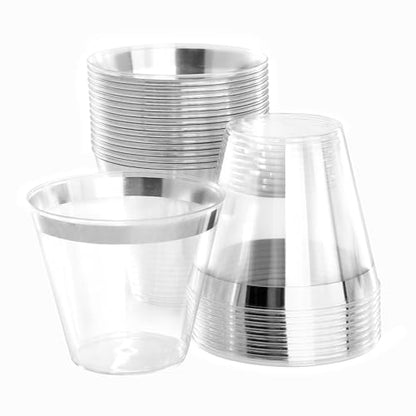 Elama 150 Piece Disposable Plastic Dinnerware Party Set for 25 Guests in White with Silver Trim - color: Silver