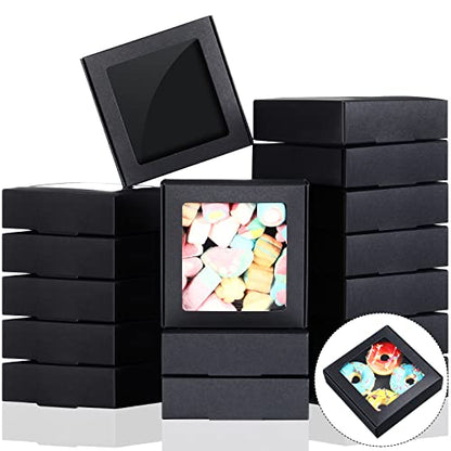 Zonon 30 Pcs Kraft Paper Boxes with Window 4.13 x 4.13 x 1.18 Inch Candy Packaging, Small Gift Boxes, Soap holder, Mini Treat Packaging for Bakery Chocolate Jewelry Display (Black) - color: Black
