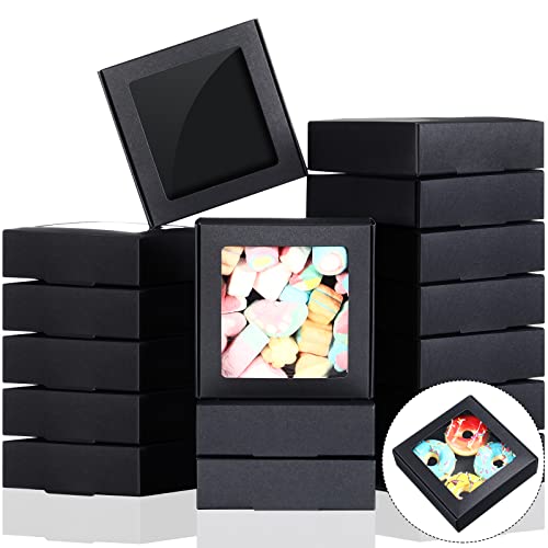 Zonon 30 Pcs Kraft Paper Boxes with Window 4.13 x 4.13 x 1.18 Inch Candy Packaging, Small Gift Boxes, Soap holder, Mini Treat Packaging for Bakery Chocolate Jewelry Display (Black) - color: Black