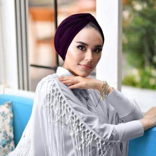 para life Knot Turbans for Women, Breathable Instant Turban|Standard Size Cotton|Pre-tied Scarf, Hijab Cap&Undercap - color: Plum