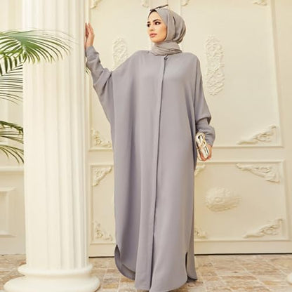 ODASDO Muslim Dresses for Women Abaya Button Down Henley Shirt Prayer Dress Batwing Long Sleeve Middle East Arabian Robe - color: Gray