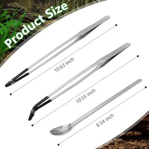 LIQALU 3 Pcs Long Aquarium Tweezers Reptile Feeding Tongs Tool for Lizards | Straight and Curved Tweezers-10.63", Spoon-8.54" Stainless Steel Feeding Tools, for Bearded Dragons, Snakes, Tank Accessories