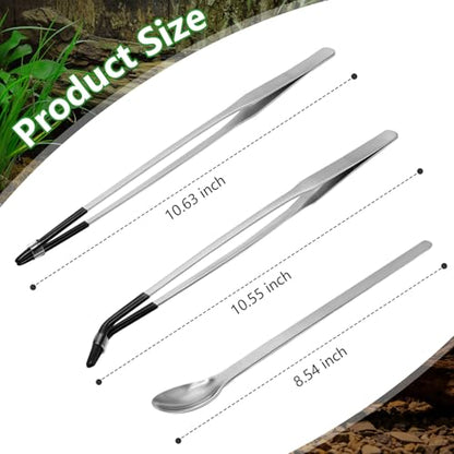 LIQALU 3 Pcs Long Aquarium Tweezers Reptile Feeding Tongs Tool for Lizards | Straight and Curved Tweezers-10.63", Spoon-8.54" Stainless Steel Feeding Tools, for Bearded Dragons, Snakes, Tank Accessories