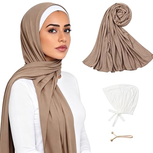 Hijab Scarf for Women, 3PCS Set with Undercap and Hijab Clip Lightweight Modal Muslim Head Wrap Scarf for Daily - color: Sy14-khika Hijab+white Undercap