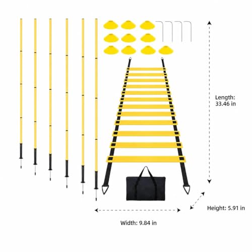 PVC Agility Ladder, 6m Speed and Agility Kit, 10 Training Cones & 6 Marker Poles, Sports Training Set with Carry Bag for Football