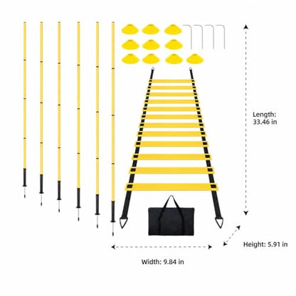 PVC Agility Ladder, 6m Speed and Agility Kit, 10 Training Cones & 6 Marker Poles, Sports Training Set with Carry Bag for Football