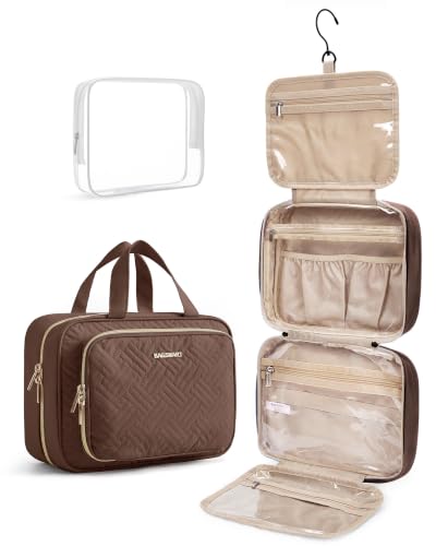 BAGSMART Toiletry Bag Hanging Travel Makeup Organizer with TSA Approved Transparent Cosmetic Bag Makeup Bag for Full Sized Toiletries(Coffee Brown) - color: Coffee Brown, size: Medium