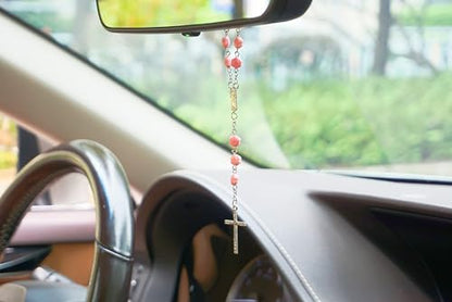 Pink Catholic Car Rosary – 2PCS Hanging Rosary with Rose Beads and Sparkling Rhinestone Cross for Rearview Mirror, Mini Religious Charm for Women, Cute Car Accessories