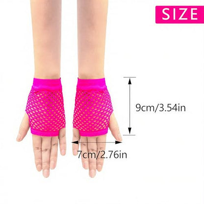 Short Fishnet Gloves for Women Fingerless Mesh Fishing Net Gloves 80s Fish Net Arm Sleeves Halloween Party Cosplay Costume - color: Hot Pink