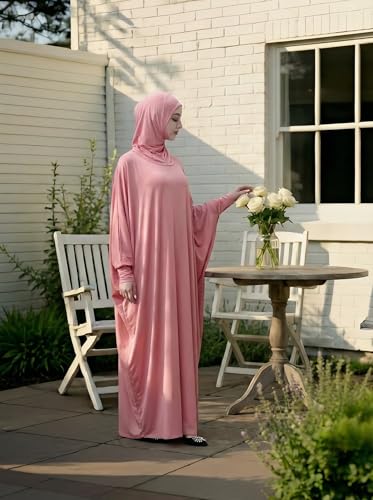 Women's Solid Muslim One-Piece Prayer Dress Abaya Kaftan with Hijab Full Length Dress - color: Pink