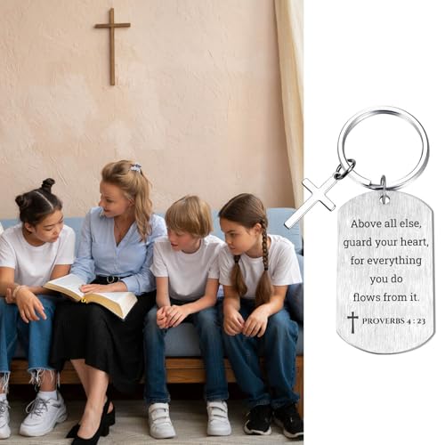 Inspirational Scripture Keychain with Cross - Bible Verse Matte Key Chain Religious Gift for Christian - style: Proverbs 4:23