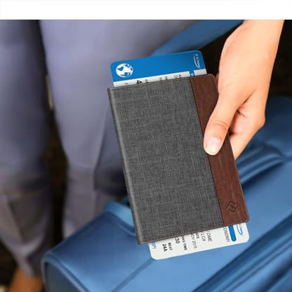FINTIE Passport Holder, Slim Travel Wallet RFID Blocking Card Case Cover - color: Denim Charcoal Brown