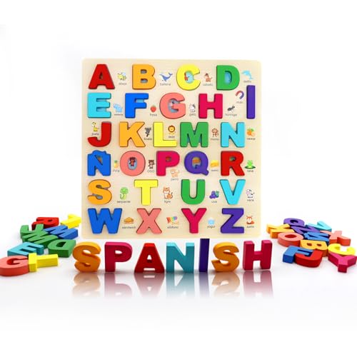 MAYAPHILOS Wooden Alphabet Puzzle, Learn Spanish for Kids with 27 Letters