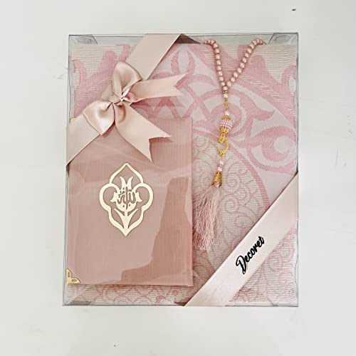 Muslim Prayer Rug, Yaseen Surah Pocket-Size Book & Prayer Beads Set, Perfect Islamic Gift I Mawlid Gift I Suitable for Men, Women I Soft Prayer Rug | Islamic Ramadan Eid Gifts, (Pink, 1 Sets) - color: Pink, size: 1 Sets