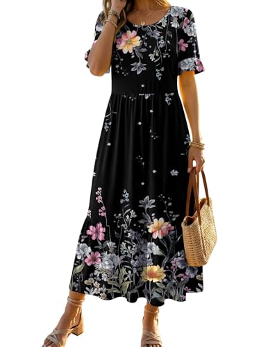 Zeagoo Womens Summer Dresses 2026 Casual Midi Dress Flowy Sundress Ruffle Short Sleeve Tiered Dresses A Line Boho Dress - color: Black Floral, size: XX-Large