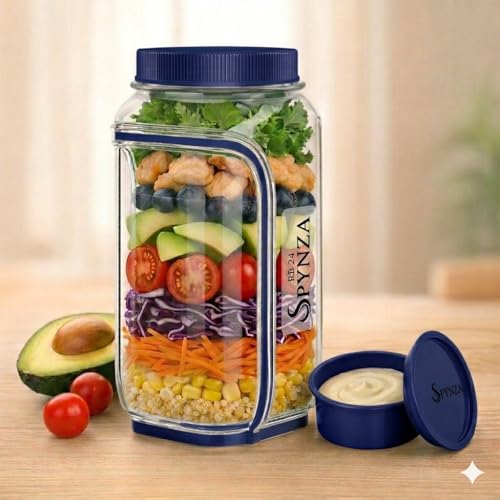 Salad jar with side opening , storage container with Dressing Cup – Leakproof Portable Salad Container with Dressing Cup & Lid, Lid-to-Bowl Design for Office, Gym, Travel, Picnic - Denim Blue - color: Denim Blue