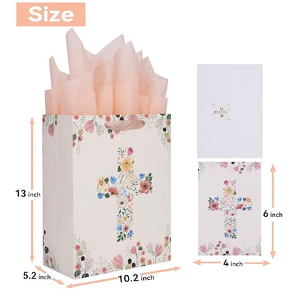 Qirrmiy 13" Large Light Yellow Floral Gift Bag Set with Greeting Card and Tissue Papers for First Communions, Baby Girl Baptisms, Christenings, Religious Occasions - 10.2'x5.2'x13', 1 Pcs. - color: (13'' Large)Light Yellow