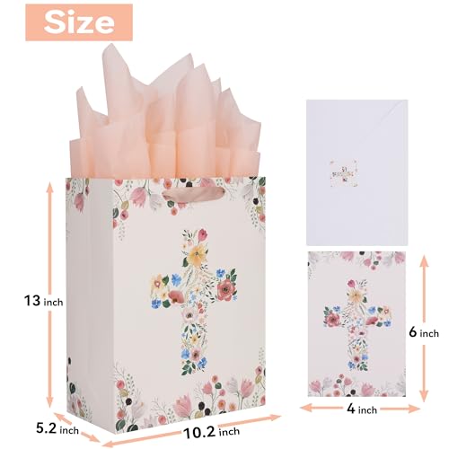 Qirrmiy 13" Large Light Yellow Floral Gift Bag Set with Greeting Card and Tissue Papers for First Communions, Baby Girl Baptisms, Christenings, Religious Occasions - 10.2'x5.2'x13', 1 Pcs. - color: (13'' Large)Light Yellow