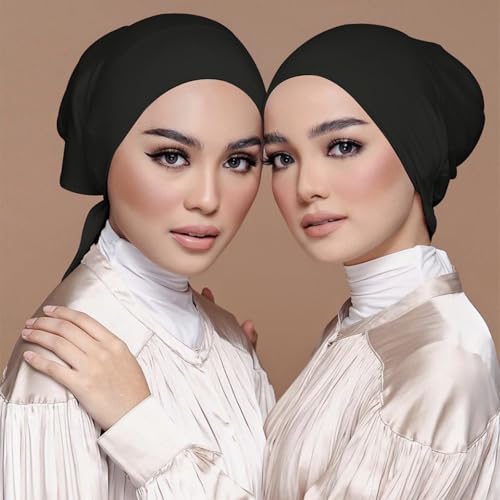 3PCS Under Hijab Head Cap Muslim Under Scarf Hijab Solid Color Women Under Scarf Hat Stretchy Sleeping Cap - color: Black,black,white