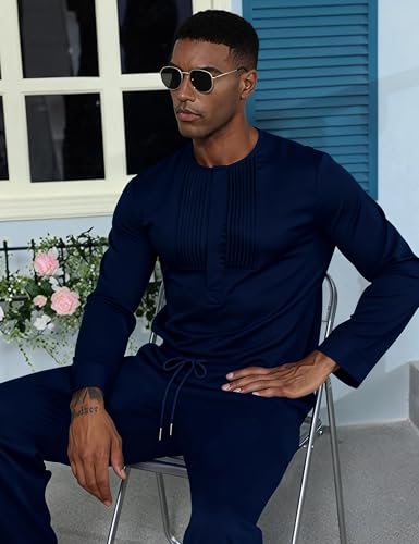 Mens African 2 Piece Set Nigerian Dashiki Traditional Suit Pleated Snap Button Shirts and Pants Outfit - color: Navy Blue, size: Medium