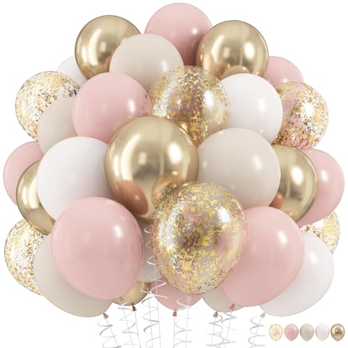 Dusty Pink and Gold Balloons Set, 60Pcs 12 Inch Retro Blush Pink White Sand Beige Metallic Gold Latex Balloon with Gold Confetti Boho Balloon for Birthday Baby Bridal Shower Wedding Party Decorations - color: Dusty Pink Beige Gold, size: 12 inch 60pcs